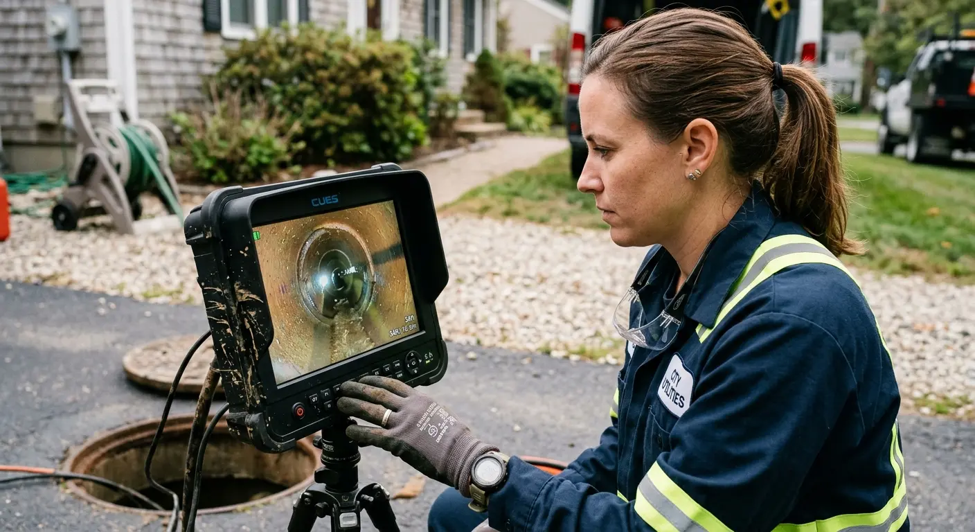 Technician reviewing sewer camera inspection footage in Monroe