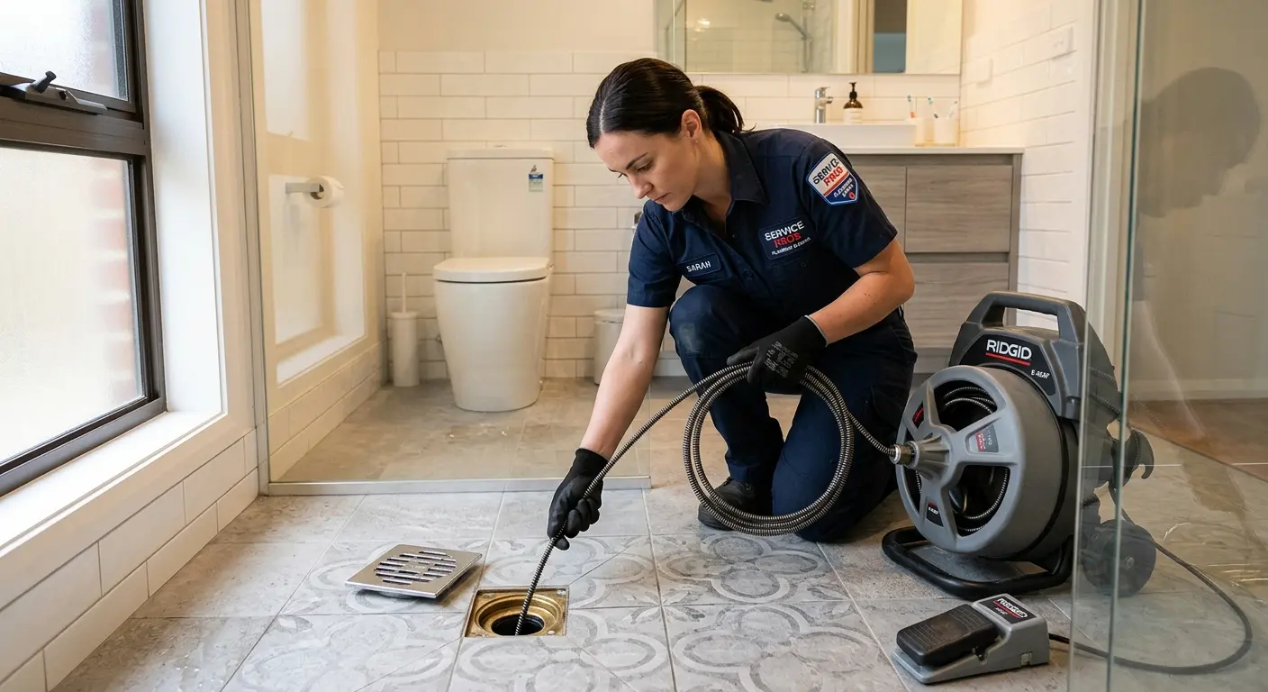 Technician clearing a bathroom floor drain for Clogged Drain Repair in Monroe